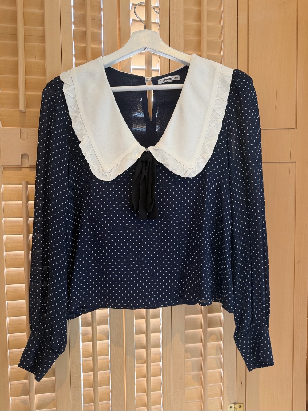 Navy Polka Dot Blouse with White Collar